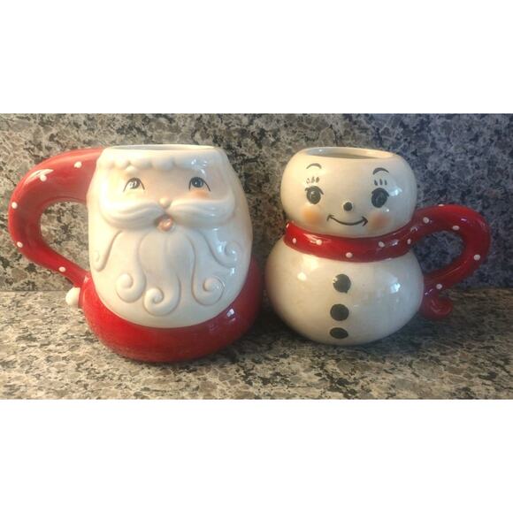New~ Johanna Parker Holiday Christmas Santa & Snowman Mugs Red - Picture 1 of 3